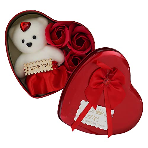 eCraftIndia Heart Shaped Valentines Day Gift Box with I Love You Message Teddy Bear 3 Red Roses Valentine Gift for Girlfriend Boyfriend Husband Wife Valentines Day Gift Valentine Day Decoration Items