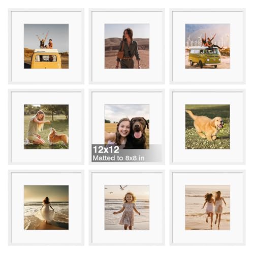 KINLINK 12x12 Frame Set of 9 12 by 12 Square Picture Frames with Plexiglass for Picture 8x8 with Mat or 12x12 without Mat Art Collage for Wall Gallery and Tabletop Display 12 x 12 Frame White