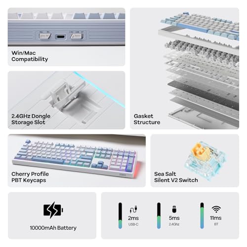 Image of EPOMAKER TH108 Full Size Mechanical Keyboard, Wireless Gaming Keyboard with 10000mAh Battery, Creamy Gasket, 108 Keys, Hot Swap, Custom Driver, RGB Backlight (Blue&White, Sea Salt Silent)