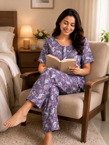 Image of KIAWAH Women Printed Night Suit Set, Cotton Blend Night Suit, A-Line Top and Pajama Set, Soft and Breathable Night Wear