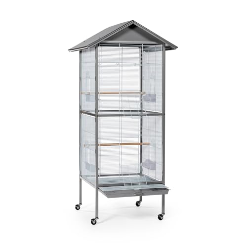 Image of Prevue Pet Products Aviary Large Flight Cage - Powder‑Coated Standing Metal Bird Cage with Wheels, Perches, Feeders & Removable Tray, Ideal for Parakeets, Cockatiels, Canaries & Small Birds - Grey