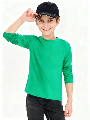 Image of Boys Long Sleeve Shirt Crewneck Solid Color Casual Top with Chest Pocket for Kids 5-14 Years