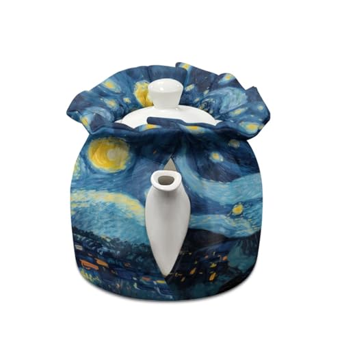 Image of Starry Cat Print Tea Cosy for Teapot Insulated Portable Protective Tea Pot Cozy Cover with Drawstring Breakfast Warmer 6.1x6.1x6.9 Inch