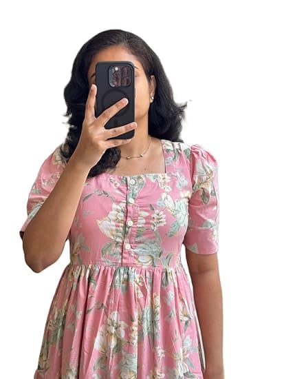 Image of Women's Floral Printed Tiered Midi Dress, Puff Sleeves, Square Neck, Button-Front