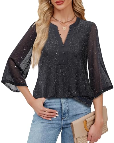 VALOLIA Women Blouses 3/4 Length Sleeve Mesh Shirts Dressy Casual V Neck Double Layers Flowy Tops 5