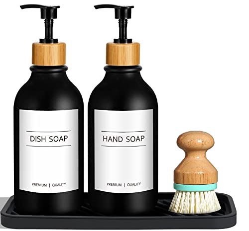GMISUN Kitchen Soap Dispenser Set, 17 Fl Oz/500ML Hand and Dish Soap Dispenser Set With Silicone Tray and Brush, Modern Black Dish Soap Dispensers for Kitchen, Refillable Washing Up Liquid Dispensers - Cosy Home Interiors GMISUN Kitchen Soap Dispenser Set, 17 Fl Oz/500ML Hand and Dish Soap Dispenser Set With Silicone Tray and Brush, Modern Black Dish Soap Dispensers for Kitchen, Refillable Washing Up Liquid Dispensers