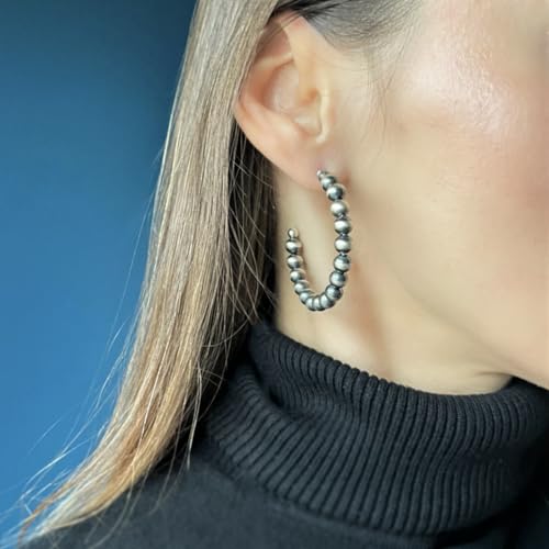 Sterling Silver Navajo Pearl Style Open Hoop Earrings for Women Statement Beaded Western Jewelry Handmade in the USA (Large)4