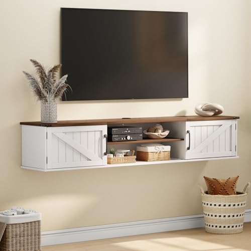 Floating TV Stand with Doors, 63'' Farmhouse Floating TV Shelf for TVs up to 80 Inch, 2 Tier Wall...