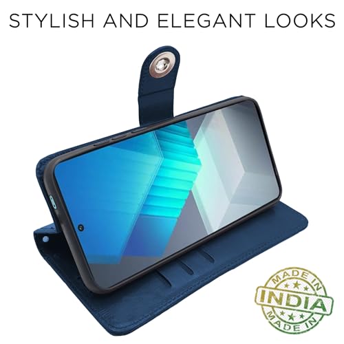 Image of Pikkme iQOO Neo 7 Pro 5G Flip Cover Leather Finish | Inside TPU with Card Pockets | Wallet Stand and Shock Proof | Complete Protection Button Flip Case (Blue)