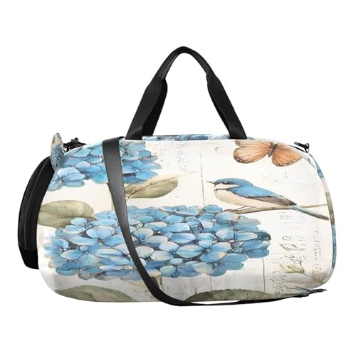 Travel Duffle Bag for Kids Boys Girls Blue Hydrangeas Birds Sports Bag Overnighter Duffle Sleepover Weekender with Shoes Compartment4