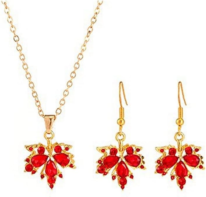 Yocoyee Dainty Maple Leaf Necklace and Earrings Set for Women red Rhinestone Necklace earrings Jewelry Set