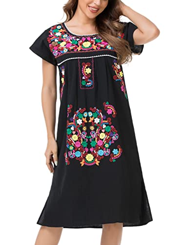 YZXDORWJ Women Mexican Embroidered Long Dress Ruffle Collar Maxi Boho Floral Summer Short Sleeve3