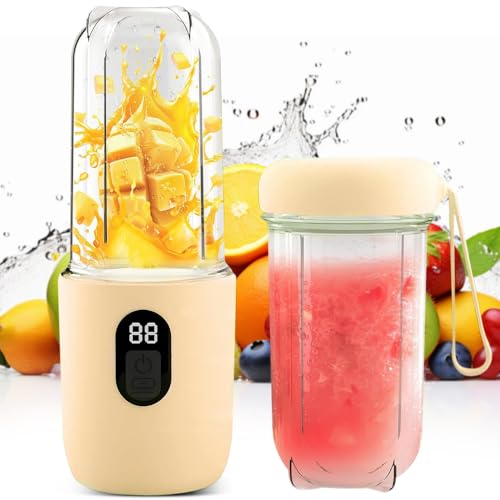 BIZOI Batidora de Vaso Portatil, 500ml Eléctrica Batidora Portatil, Recargable USB Batidora Smoothie con 16 Cuchillas y Pantalla LED, Licuadora portatil para Deportes, Viajes, Senderismo (Amarillo)