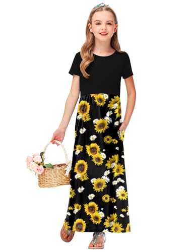 Image of Deerose Girls Maxi Dress Short Sleeve Casual Long Dresses with Pockets 5-14 Years
