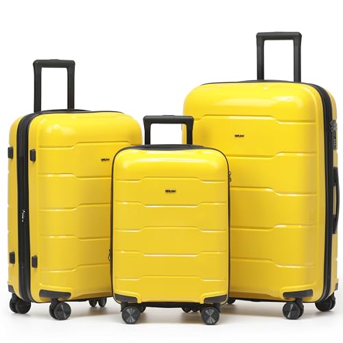 CRUW 3-Piece Luggage Set Expandable Polypropylene Suitcase Set TSA Locks 8 Silent Spinner Wheels Lightweight Nested Suitcases Travel Set easyJet British Airways Jet2 Airline-Approved Carry-On Yellow