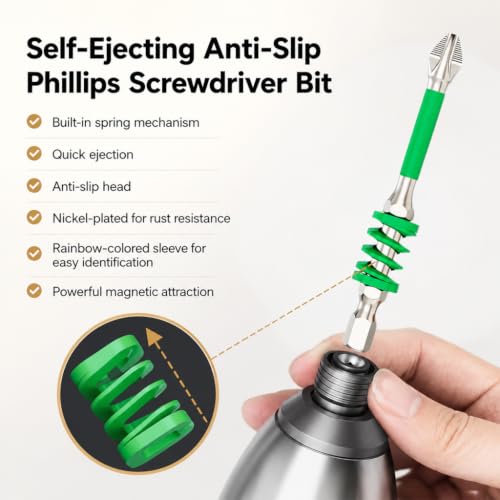 Image of Serplex 4PCS Phillips Screwdriver Bits Spring Loaded Magnetic Drill Bits with 1 /4 Inch Hex Shank, PH2 S2 Steel Phillips Impact Bits for Electric Screwdrivers and Electronic Repair Hand Tool