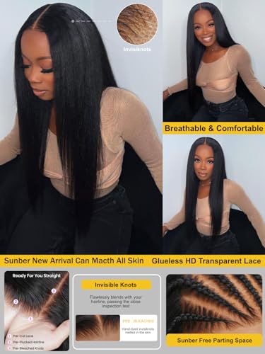 Image of Sunber Yaki Straight Human Hair Bye Bye Knots Pre Cut 7x5 Lace Front Wigs with Drawstring Upgrade 3D Cap Put On and Go 3S Wear Glueless Yaki Wigs Pre Plucked Pre Bleached Invisible Knots 26Inch