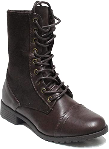 Image of Forever Link Womens Round Toe Military Lace Up Knit Ankle Cuff Low Heel Combat Boots