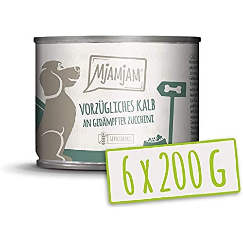 MjAMjAM - cibo umido premium per cani - ottimo vitello con zucchine al vapore, confezione da 6 (6 x 200 g), senza cereali con carne extra