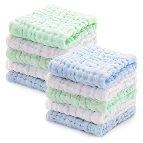 AiKiddo Muslin Squares Baby Wash Cloths 10 Pack, 100% Cotton 6 Layers Face Towel and Washcloths for Bath, Soft Baby Muslin Cloths, Wraps, Bibs, 30x30 cm Cover