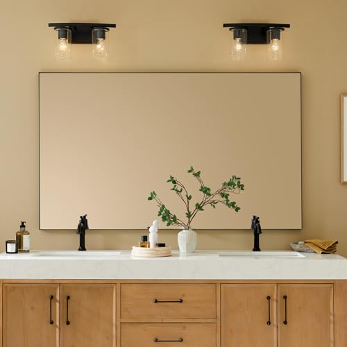 Image of Kichler Crosby 15.25 inch 2-Light Bathroom Vanity Light Fixture with Clear Glass in Black for Powder Room, Modern Wall Mount Over Mirror (15.25 inch x 8.75 inch), 45496BKCLR