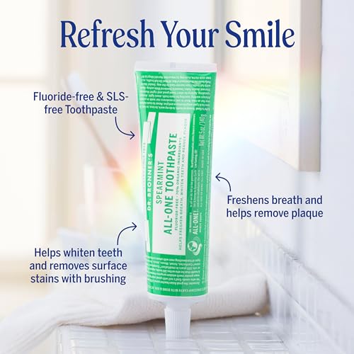 Image of Dr. Bronner's All-One Toothpaste 4 Pack Variety - (Peppermint, Spearmint, Cinnamon, Anise, 5oz Each) - 70% Organic Ingredients, SLS Free Toothpaste, Fluoride Free, Natural, Vegan, for Sensitive Teeth