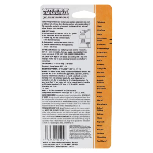 Gorilla 100% Silicone Caulk, Waterproof Sealant, 2.8oz Squeeze Tube (Pack of 2) – White -10 Year Mold Resistant Kitchen, Window, Bath, Marine, Door and More