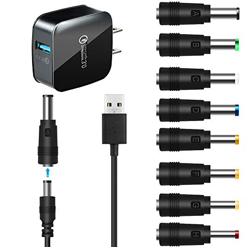 TFSeven USB to DC Power Cable 8 in 1 Universal USB to DC Jack Power Charging Cable Cord 8 Interchangeable Plug Connectors Adapter + QC Wall USB Charger for Router,Mini Fan,Speaker,Camera,Game Console
