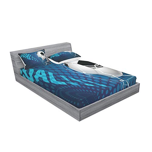 Ambesonne Soccer Fitted Sheet & Pillow Sham Set, Goal Football Flying Into Net Abstract Dots Pattern Background European Sport, Decorative Printed 3 Piece Bedding Decor Set, Full, Blue Black #TOP1