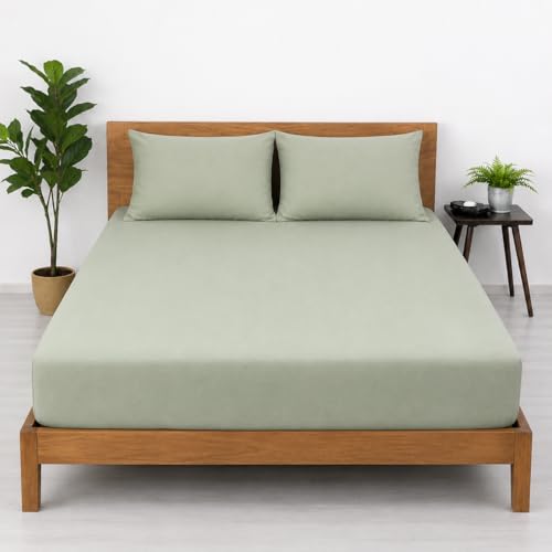 Image of Blue Strip Fitted Bedsheet Set with 2 Pillow Covers, Sage Green, King Size, 72x78 Inch, 8 Inch Deep Pocket
