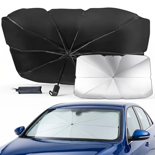 Parasol Delantero Coche para SUV y Camión, 140 x 80 cm, Protector Solar Plegable con Revestimiento de Titanio, Resistente a Rayos UV, Paraguas de Parabrisas Universal Ajustable