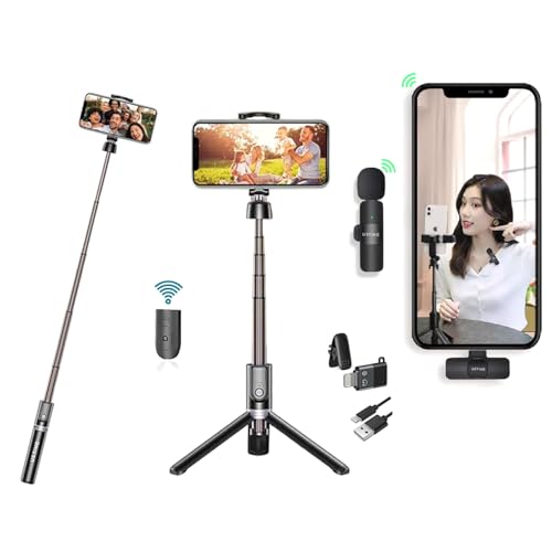 Image of SnapX1 Vlogging Kit with Wireless Mic | 3-in-1 70cm Extendable Selfie Stick Tripod Stand with Bluetooth Remote + K8 Microphone for YouTube, Reels, Vlogs & Live Streaming (Android /iPhone)