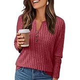 Generisch Pullover Damen Strickpullover Winter für Wollpullover Weihnachtspullover V-Ausschnitt Oversize Longpullover Rot L