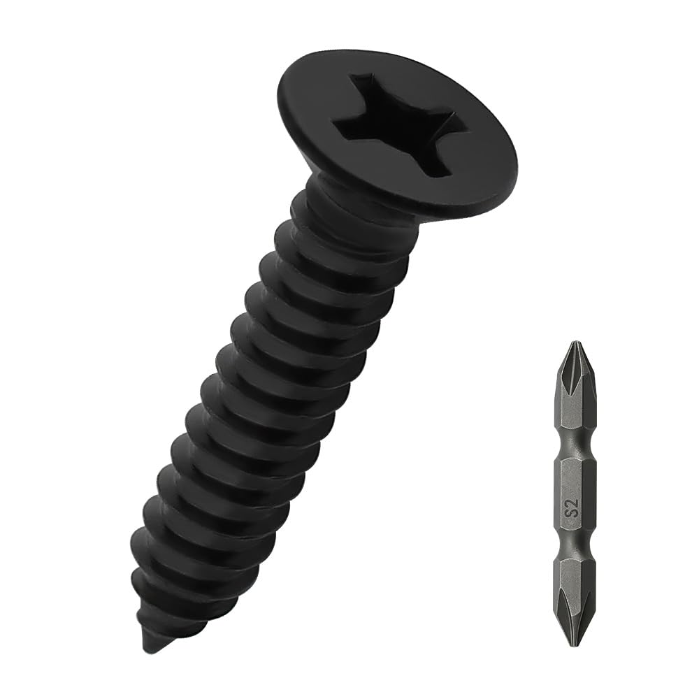 #4 x 3/4" Flat Head Wood Screws (100 pcs), 18-8 (304) Stainless Steel, Phillips Drive Flat Head Self Tapping Screws, Black Oxide Coated Sheet Metal Screws, Fayeploo (with Phillips Driver Bit)