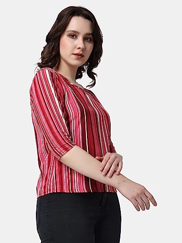 Image of POPWINGS Casual Printed Puff Sleeves Round Neck Top for Women || Stylish Summer Tops for Women || Hip-Length Women Top