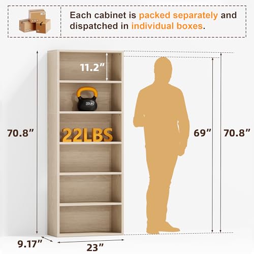 Image of Furniwell 71 inch Tall Bookcase Bookshelves, 6 Tier Floor Standing Bookcases Open Frame, Modern Display Storage Organizer for Home Office, Living Room, Bedroom, Study Room (Beige, 1 Pcs)