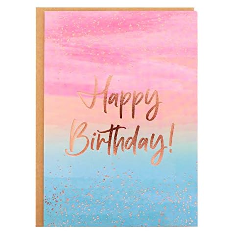 Birthday Card - Single Happy Birthday Greeting Card with Rose Gold Foil Sprinkles and Lettering on Ombre Blue Yellow Pink Textured Paper with Kraft Envelope - 5" x 7" - Blank Inside Cover