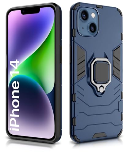 Image of WOW IMAGINE Shock Proof Back Case Mobile Cover for Apple iPhone 14 | Back Cover Case (Tough Armor | Hybrid PC + TPU | Ring Holder & in-Built Kickstand | Blue)