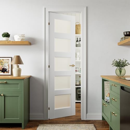 SMARTSTANDARD 5-Panel Frosted Glass Interior Door Slab, 24" x 80" Slab Door for Pantry Pocket Laundry Bathroom French, Solid Core Pre-Assembled Panel Without Hardware, White 24" x 80" White