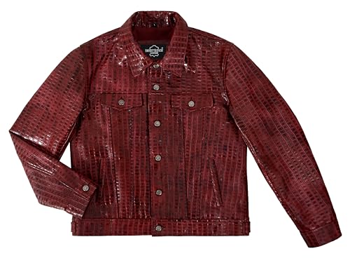 Men's Trucker Classic Western Red Waxed Croc Print Cow Leather Denim Look Jacket 12803