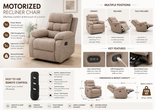 Image of Recliner Armchair for Living Room | Comfortable Upholstered Single Seater Sofa Chair with Ergonomic Backrest, Plush Armrests, Spacious Seat and Solid Wooden Frame (Motorized)