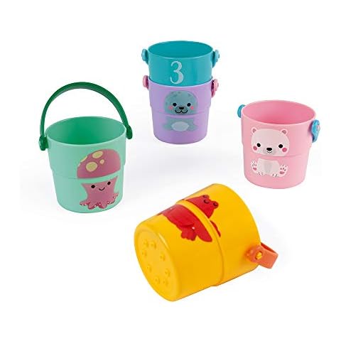 Janod - 5 Bath-Time Activity Buckets - Early Years Toy - Handling and Dexterity - Teaches Numbers - from 10 Months, J04724 Cover