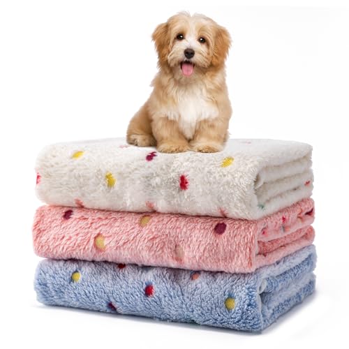 Image of 1 Pack 3 Blankets Fluffy Premium Fleece Soft Pet Blanket Flannel Throw for Cat Dog Puppy (Small 23x16'', Dot-White /Pink /Blue)