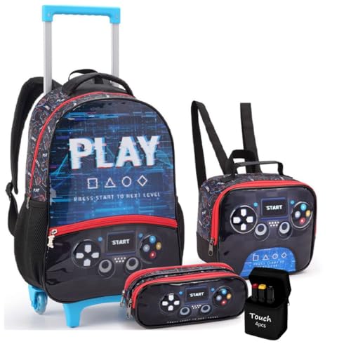 Kit Escolar Mochila de Rodinha com Lancheira e Estojo Gamer Menino Com Canetinha Ponta Dupla