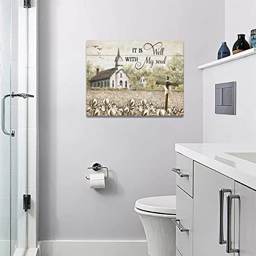 Church Cross Wall Art Country Christian Canvas Prints Painting Rustic Religious Pictures Framed Positive Artwork Home Decor For Bathroom Living Room Bedroom 16"X12" #TOP4