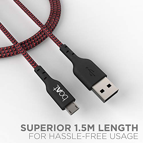Image of boAt Micro USB 150 Tangle-Free, Sturdy Micro USB Cable with 2A Fast Charging & 480mbps Data Transmission, 10000+ Bends Lifespan & Extended 1.5m Length Black