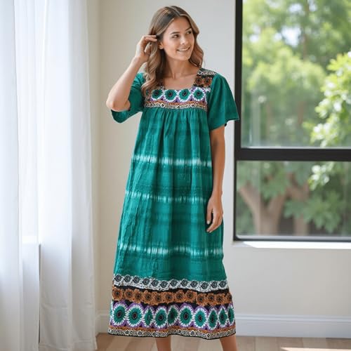 Women's Short Sleeve Teal Lounger House Dress - Contrast Yoke and Hem with Pockets4
