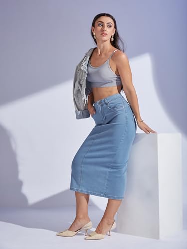 Image of Miss Chase Women's Regular High Rise Above Knee Stretchable Denim Skirt