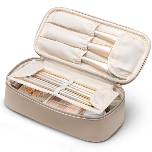 Cosmetic Bags with Brush Compartment,Large Capacity Samll Makeup Bag,Travel Essentials for Women,Toffee