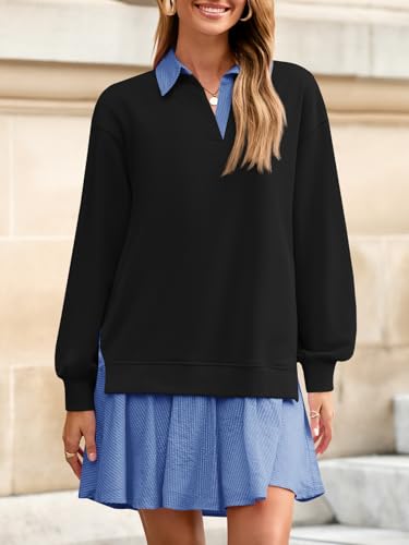 Wenrine Womens Oversized Sweatshirt Dress Casual Long Sleeve Collared V Neck Patchwork Loose Mini Dresses2